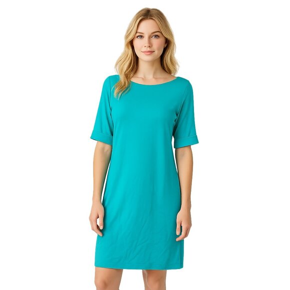 Karen Scott Sport Cuffed Sleeve Shift Dress Teal Small #A0346 TRB2 - Picture 1 of 6